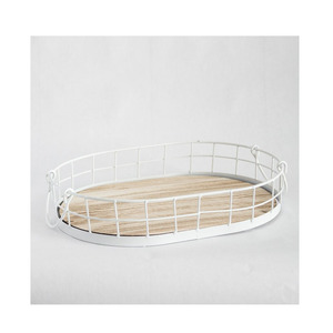 Meilleur prix de gros Nouvelle arrivée Fil de fer Plateau de service Plateau Forme ovale Mangue Bois Thé Café Snacks Plateau de service Noir - Product Image 3