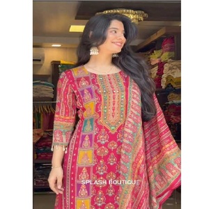 Costume élégant en soie de diamant pour femmes avec miroir rigide brodé à la main en coton Dupatta vêtements ethniques traditionnels prêts à l'emploi - Product Image 2