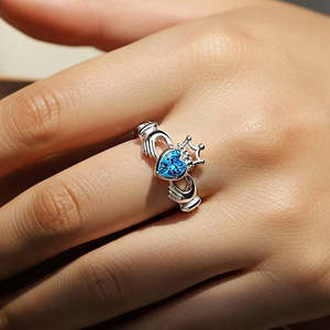 NOVAMART Fine Zarkan 925 Sterling Silver <b>Crown</b> Blue Heart <b>Ring</b> Fine Jewelry with Oval Cut Zircon Rhodium Plated Everyday Wear Se - Product Image 1