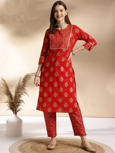 Mujeres étnicas motivos florales impresos puro algodón Kurta con pantalones indio pakistaní salwaar kameez traje - Product Image 3