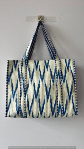 Handmade Cotton Ekat Block Print Reversible Quilted <b>Tote</b> <b>Bag</b> <b>Large</b> <b>Zipper</b> Closure Versatile Daily Use for Beach Travel - Product Image 2