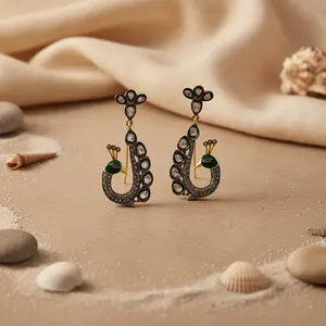 <b>Peacock</b> Themed Drop Earrings with Green Enamel & Diamonds Gold Plated Art Palace <b>Jewelry</b> for Wedding Party or Gift - Product Image 2