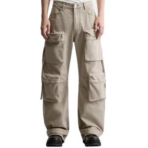 Pantalon cargo ample en denim de coton délavé coupe décontractée, style empilé, 8 poches, pour homme, type charpentier - Product Image 1