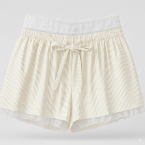 Shorts en maille côtelée élastique à bordure en dentelle pour femmes, élégants, décontractés, pour se détendre, pyjama, fournisseur en gros d'usine - Product Image 1