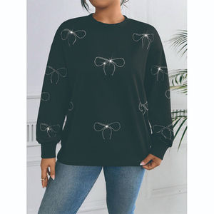 Custom Plus Size <b>Women</b> Classic Fashion Solid Color Rhinestone Bow Round Neck <b>Long</b> Sleeve Loose Casual <b>Women</b> Sweatshirt - Product Image 4