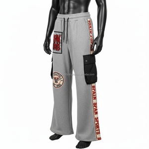 320 GSM algodón poliéster polar gris con bolsillos de carga negros cinta de logotipo lateral bordado personalizado estampado pantalones de hombre lavados - Product Image 3