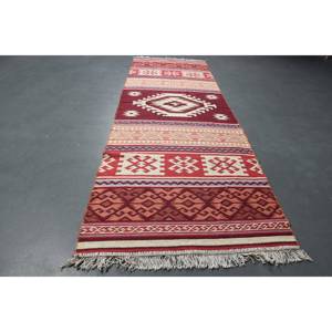 Turkish Vintage <b>Runner</b> Rug 2.5x7.7 ft, <b>Red</b> Beige Moroccan Wool Rug - Product Image 2