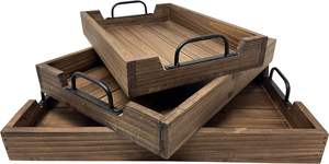 Ensemble de 3 plateaux de service décoratifs en bois vintage imbriqués pour table basse ou pouf plateaux de petit-déjeuner en bois rustiques pour la cuisine - Product Image 3