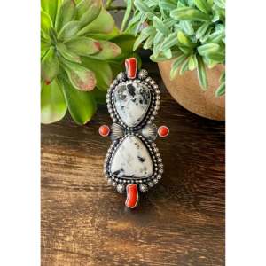 White Buffalo Turquoise Coral Sterling <b>Silver</b> Statement <b>Ring</b> Size 9.75 for <b>Men</b> - Product Image 2