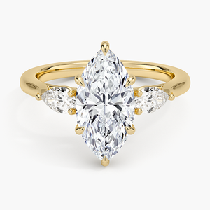 Anillo de compromiso con diamante de corte marquesa cultivado en laboratorio, con diamantes laterales en forma de pera, tres piedras, oro amarillo, rosa y blanco de 14K/18K, artesanía fina. - Product Image 1