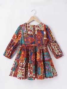 Girls Bohemian <b>Patchwork</b> Print Long Sleeve A-Line Cotton Breathable Eco-Friendly Dress Tiered <b>Skirt</b> Regular Sleeves Summer - Product Image 3