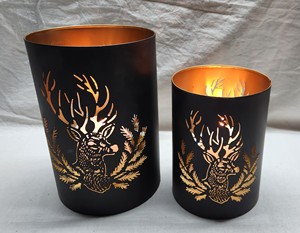 Revêtement en poudre noire cerf Design S/2 verre bougeoir votif lanterne en métal pour noël et pâques décorations pour la maison - Product Image 1