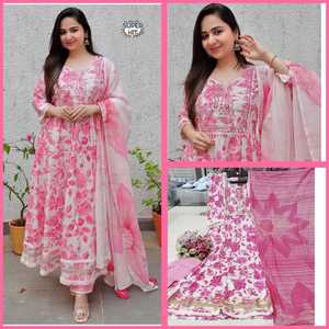Nouveau Designer Party Wear Rose Clair Floral Main Bloc Imprimé Anarkali Avec Dupatta Pantalon Ensemble En Gros Vêtements Ethniques De L'exportation - Product Image 2