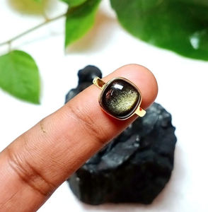 Natural Gold Sheen Obsidian <b>Rings</b> 10mm <b>Cushion</b> Gemstone 925 Sterling Silver 18K Micron Gold Plated Trendy Unisex Silver Jewelry - Product Image 4