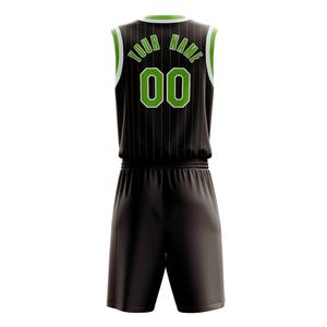 Uniforme de basket-ball pour hommes de haute qualité noir avec des détails verts conception à fines rayures 100% uniforme sans manches à col en V en polyester - Product Image 3