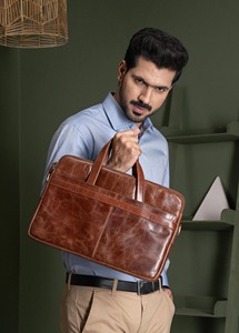 Genuine Leather Luxury Laptop <b>Bag</b> <b>for</b> <b>Men</b> Vintage Brown Cowhide <b>Office</b> Briefcase Lightweight Shoulder Strap Business Travel - Product Image 5