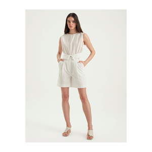 Mono sin Mangas de Algodón Blanco con Encaje para Mujer, con Cinturón, Cintura Alta, Estilo Minimalista, Tejido Transpirable - Product Image 1