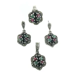 Juego de Aretes, Collar y Anillo de Plata de Ley 925 para Mujer, Estilo Vintage, con Piedras Preciosas Multicolores, Resistentes al Deslustre, para Regalo - Product Image 3
