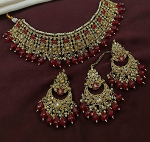 Ensemble collier boucles d'oreilles Kundan en alliage métallique ethnique en alliage de cuivre laiton perle mariages vêtements de mariée fiançailles - Product Image 6