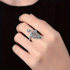 Bague en plumes de paon réglable rétro artisanale Art Déco en or blanc 10K 14K ou en argent sterling, cadeau de Noël pour elle - Product Image 2