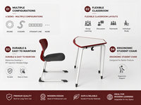 Ensemble table et chaise modulaires collaboratifs pour étudiants en MDF moderne, avec structure en acier, écologique, durable et réglable en hauteur