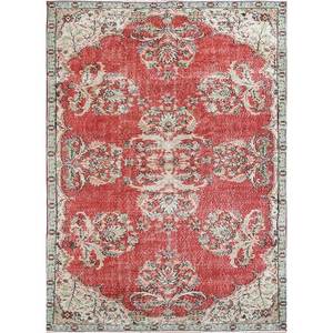 Tapis en laine noués à la main de grande taille, style vintage, motif médaillon rouge-orange classique, pour la maison, le couloir, design rectangulaire, recyclé - Product Image 1