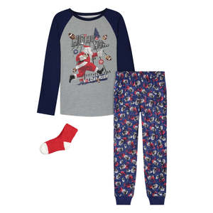 Set Pigiama Max & Olivia per Ragazzi, Maglietta e Pantaloni Lunghi Grigio Medio con Calzini, Morbido Stampa Cartoon Invernale - Product Image 1