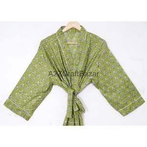 Kimono largo de algodón con estampado de bloques de mano para mujer con estampado Floral, ropa de dormir de noche de verano, bata con cierre de cinturón - Product Image 3