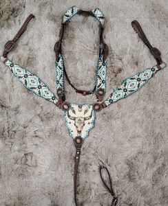 Luxe personnalisé Premium Western Horse Headstall Collier de poitrine de haute qualité équitation cuir Turquoise Sports équestres - Product Image 4