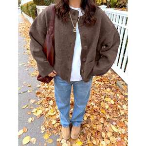 Cárdigan Casual de Invierno para Mujer, Color Marrón, con Apliques, Cuello con Lazo, Bordado y Encaje, Talla Grande, Transpirable, 100% Acrílico, Anti-Pilling - Product Image 1