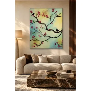 Fida Deux oiseaux noirs sur une branche fleurie, impression sur toile - Product Image 1