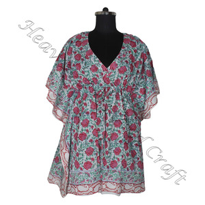 100% algodón Mujer ropa de dormir bloque de mano estampado Kaftan vestido KFCS122 peso ligero mujeres Casual ocasión desgaste corto caftán vestidos - Product Image 4
