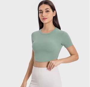 T-shirts décontractés d'été pour femmes hauts courts respirants avec col carré couleur unie à manches courtes en gros t-shirts - Product Image 4