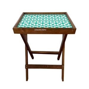 Nouvelle arrivée Table à plateau en bois de manguier imprimé au design simple Caractéristique convertible à imprimé floral bleu et blanc - Product Image 3