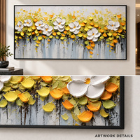 Peinture murale peinte à la main, toile florale texturée 3D, peinture à l'huile, fleurs jaunes et blanches, décoration horizontale moderne pour salon