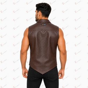 Tiierwear Men's <b>Brown</b> Leather Sleeveless <b>Vest</b> Plus Size Summer Breathable with Button Closure and Front Pockets Casual Outerwear - Product Image 3