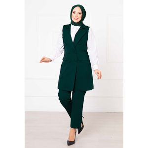 Conjunto de Chaleco Largo y Blazer Esmeralda con Cuello de Pañuelo, Doble Botonadura, Estilo Casual, Tejido de Algodón y Spandex, Talla XL para Verano y Otoño - Product Image 1