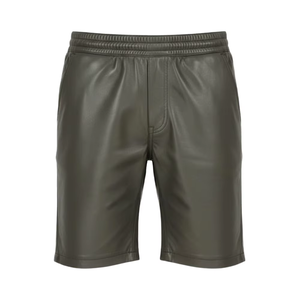 <b>Mens</b> Casual Elastic Waist Genuine <b>Leather</b> Look <b>Shorts</b> Solid Color Mid Length Streetwear Bottoms - Product Image 1