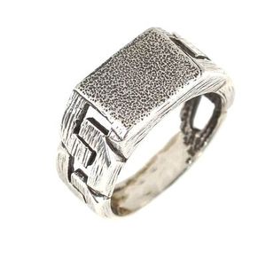 Anillo de Plata de Ley 925 para Hombre, Corte Esmeralda, Patrón Geométrico Rectangular, Sin Piedras, Cadena para Uso Diario, Bañado en Rodio - Product Image 2
