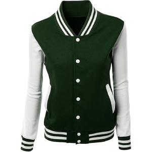 Veste universitaire classique pour femmes, vert foncé premium, style athlétique, avec manches contrastées blanches - Product Image 1