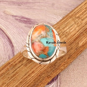 SOCTDSGR8 Fine Copper <b>Turquoise</b> <b>Ring</b> 12x16mm Eternity Vermeil Genuine Silver Factory Jewelry Natural Spiny Oyster Bezel Setting - Product Image 3