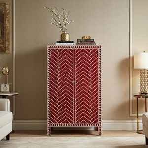 Gabinete de Almacenamiento Rectangular de Lujo Ecológico con Incrustaciones de Hueso Rojo, Diseño Chevron Hecho a Mano para Decoración de Sala de Estar Moderna - Product Image 2