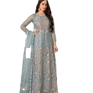 Vestido Anarkali de último diseñador de Fab Zone Soft Net con bordado para ropa india y pakistaní - Product Image 1