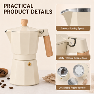 Cafetière Moka en aluminium noir pour cuisinière, avec poignée en bois, style italien, cafetière octogonale - Product Image 3