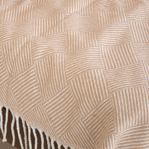 Couverture légère et confortable toutes saisons en coton mélangé rayé beige et blanc Décor à la maison avec technique de laine tissée - Product Image 4