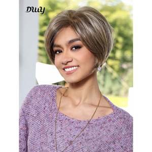 Perruque synthétique courte et droite pour femme DWY, en fibre haute température, style naturel avec frange, dentelle transparente de qualité, couleur marron - Product Image 2