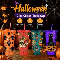 Gobelets personnalisés 24oz à paillettes pour Halloween avec couvercle et paille – Gobelets réutilisables en plastique pour la vente en gros – Vaisselle de fête Sugar Skull