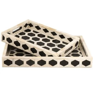 Ensemble de 2 plateaux incrustés d'os rectangulaires en bois vert fabriqués à la main pour servir l'affichage et le stockage décoratifs - Product Image 4