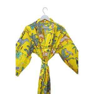 Peignoir Kimono Long en Coton Imprimé Floral Jungle Tigre Jaune, Fait Main, Taille Élastique, Pour Toutes Saisons - Product Image 4