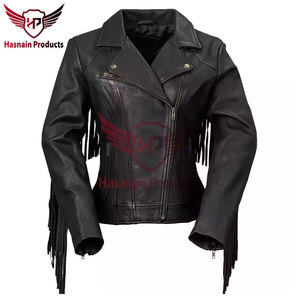 Chaqueta de cuero genuino negro para mujer con flecos en las mangas, borlas, solapa, piel de oveja, estilo vaquero occidental, abrigo de motociclista, ropa de abrigo personalizada para invierno - Product Image 5